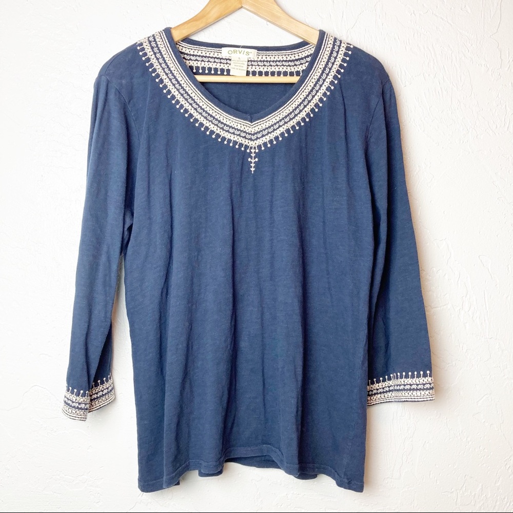 Orvis Embroidered Blue Tunic Top L